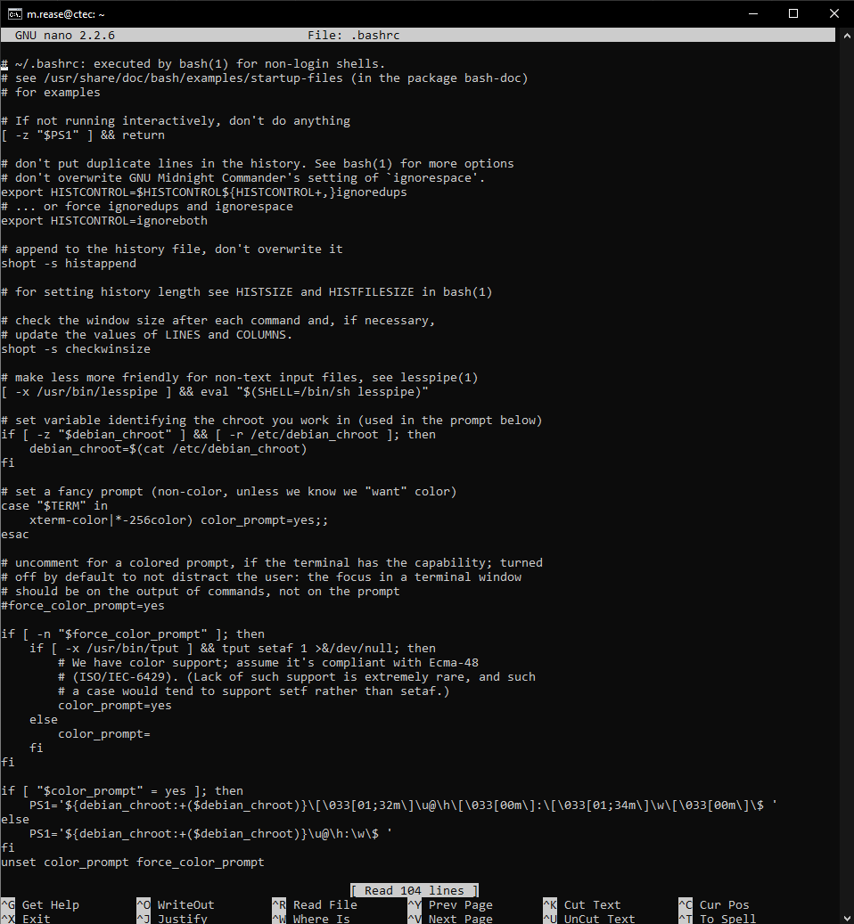 .bashrc opened in nano