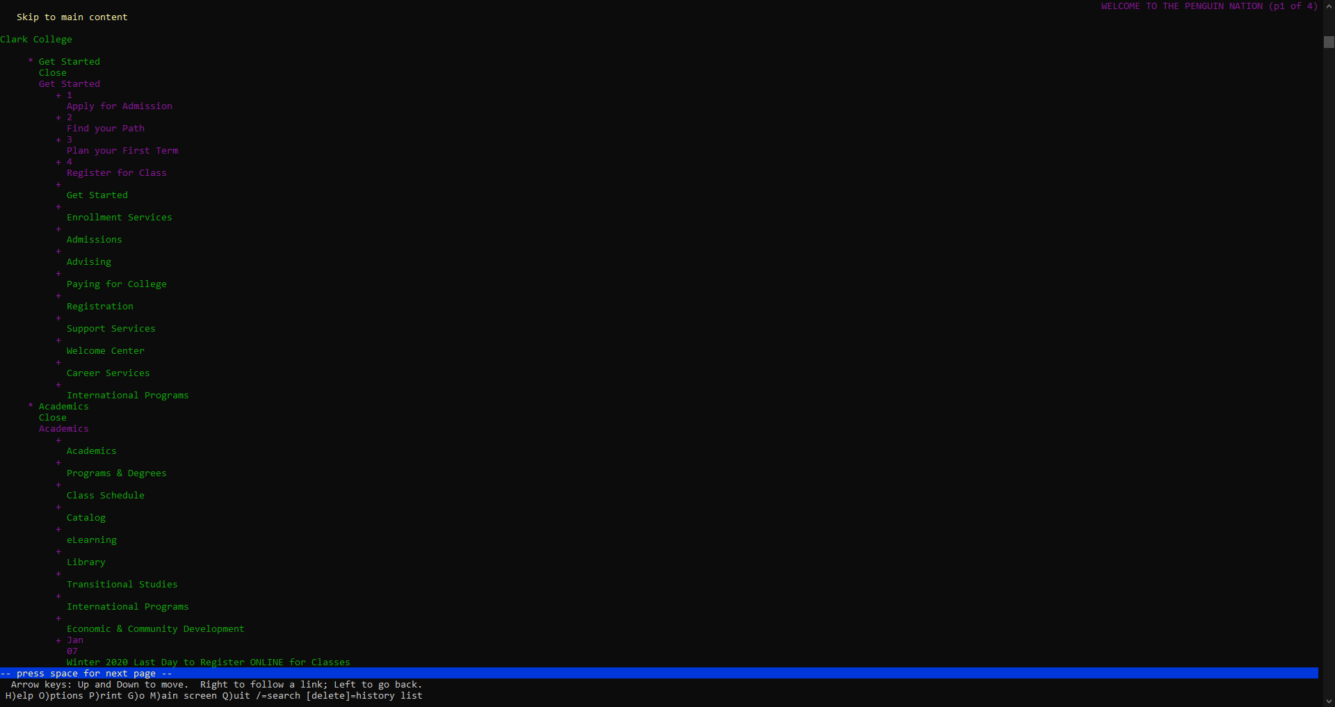 Clark start page, displayed in Lynx